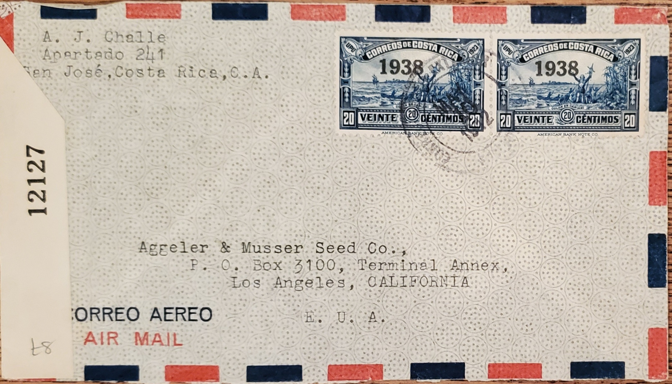 J) 1938 Costa Rica, Colon, With Overprint in Black, Open by Examiner