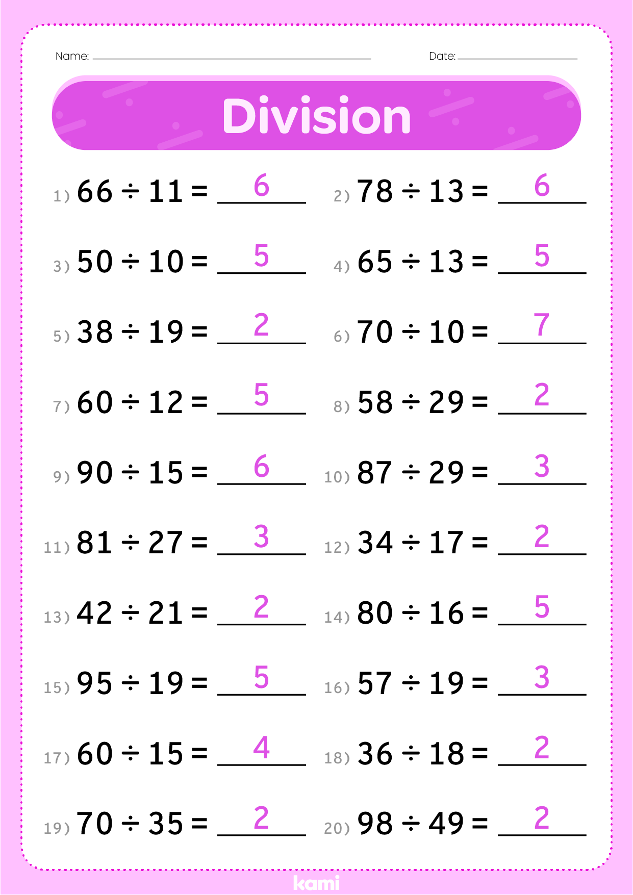 Division Worksheet Purple | Answer Key for Teachers | Perfect for