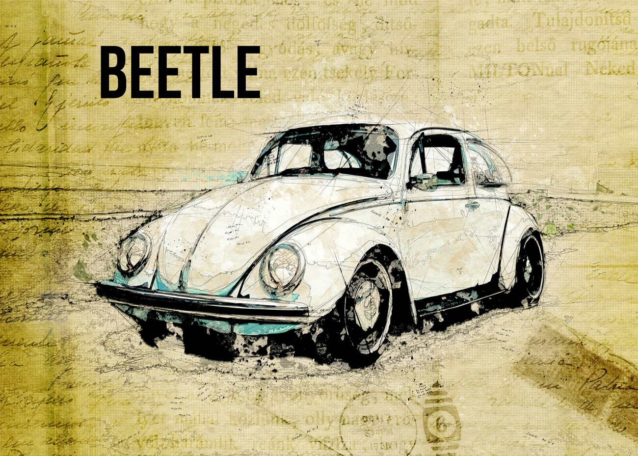 Künstlerische Illustration Volkswagen vw beetle Europosters