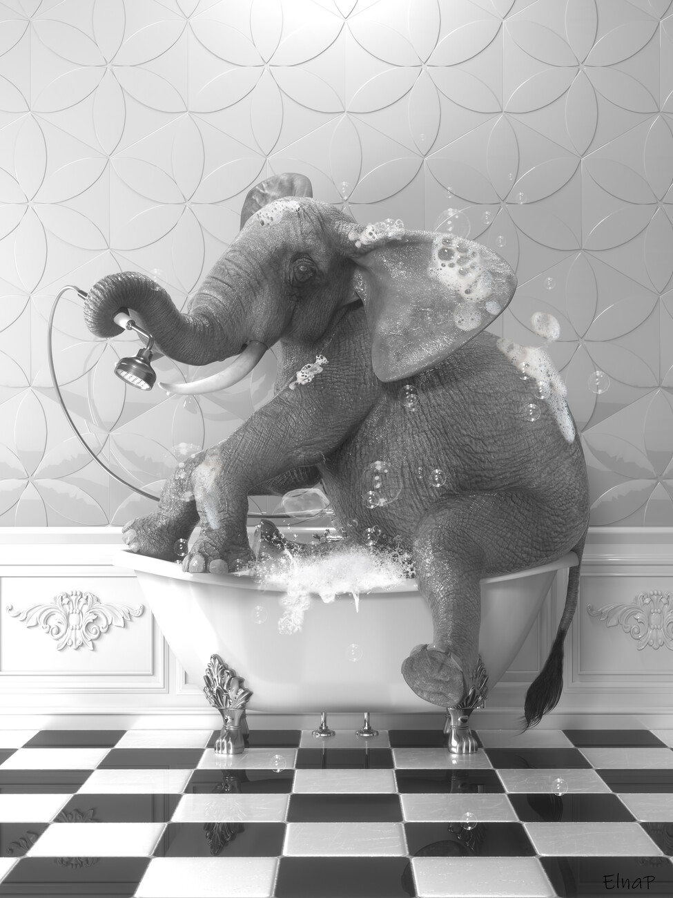 Láminas decorativas para enmarcar Elephant in the bathtub Wall Art