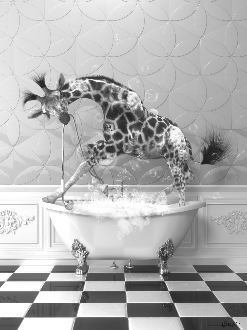 Wall Art Print Giraffe in the bathtub Wall Art, Funny picture of an
