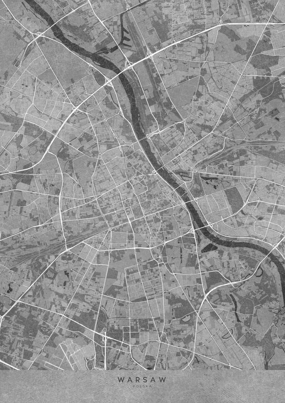 Wall Art Print Map of Warsaw (Poland) in gray vintage style