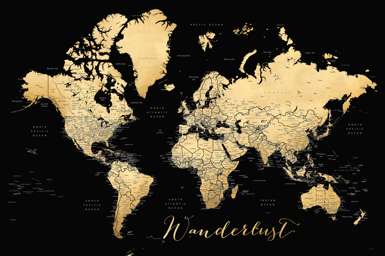 Wall Art Print Wanderlust black and gold world map with cities, Eleni
