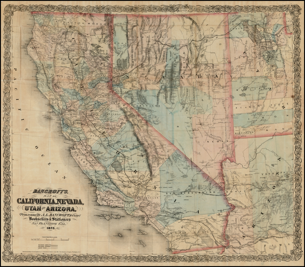 Bancroft's Map of California, Nevada, Utah & Arizona . . . 1878 Barry