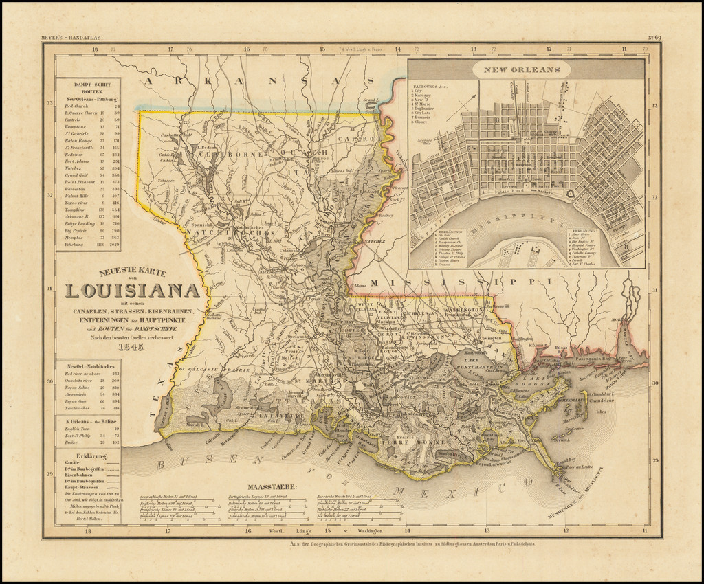 Antique Map Of Louisiana 1845 By Moutain Dreams Neueste Karte von Louisiana . . . 1845 Barry Lawrence Ruderman