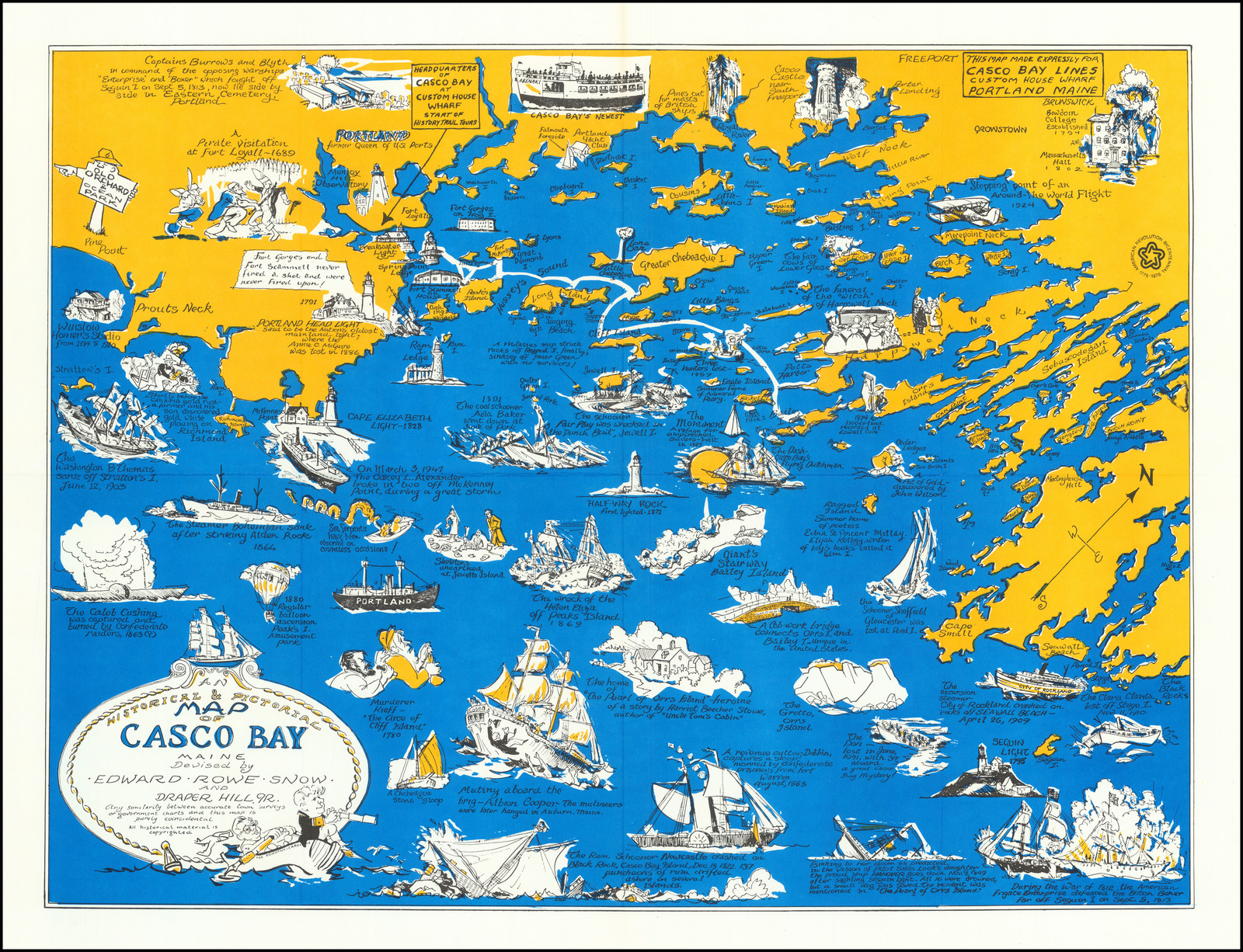 An Historical & Pictorial Map of Casco Bay Maine Devised by Edward Rowe Snow and Draper Hill, Jr