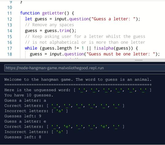 Hangman game made using JavaScript and node.js Replit