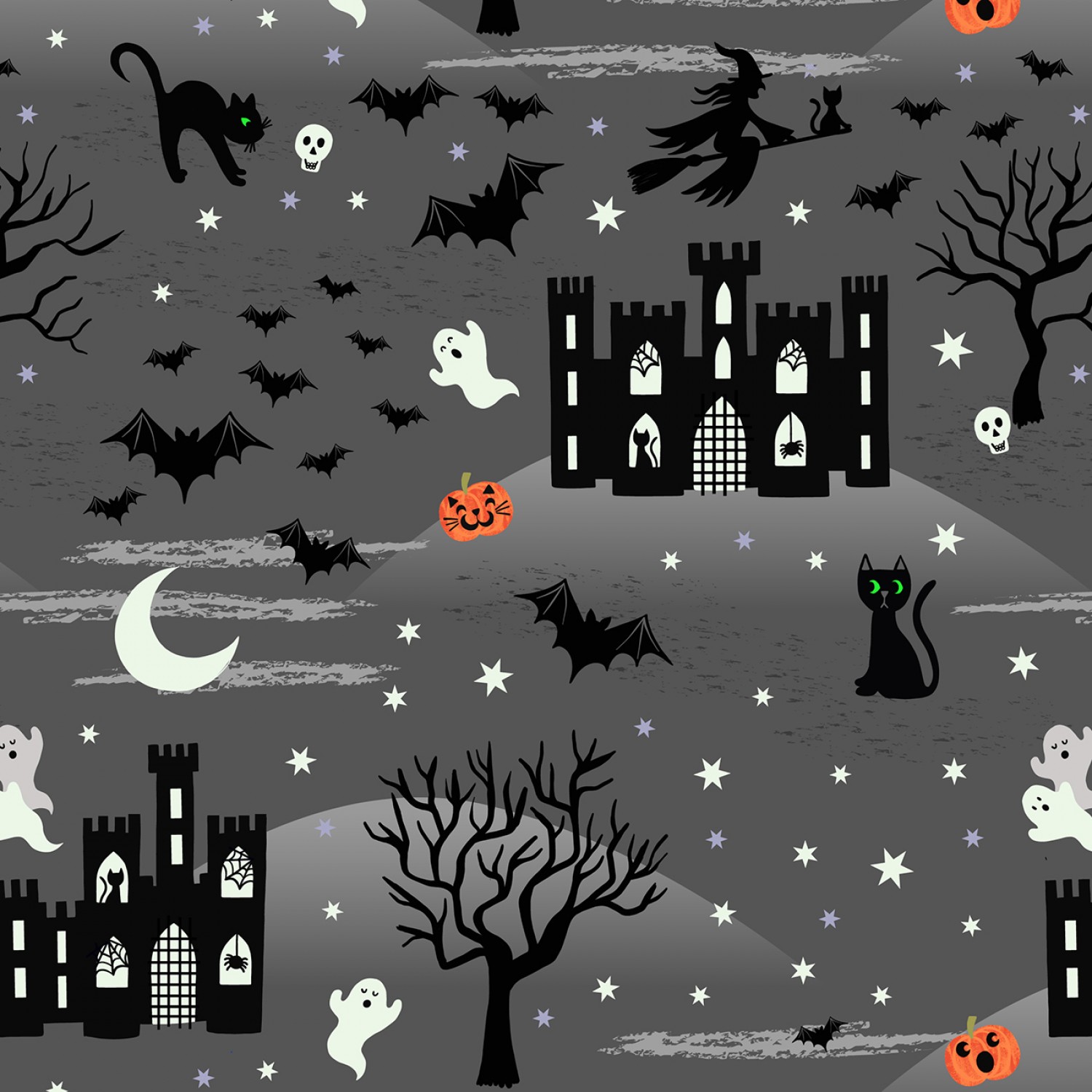 Quilting Cotton Castle Spooky Grey Glow in the Dark