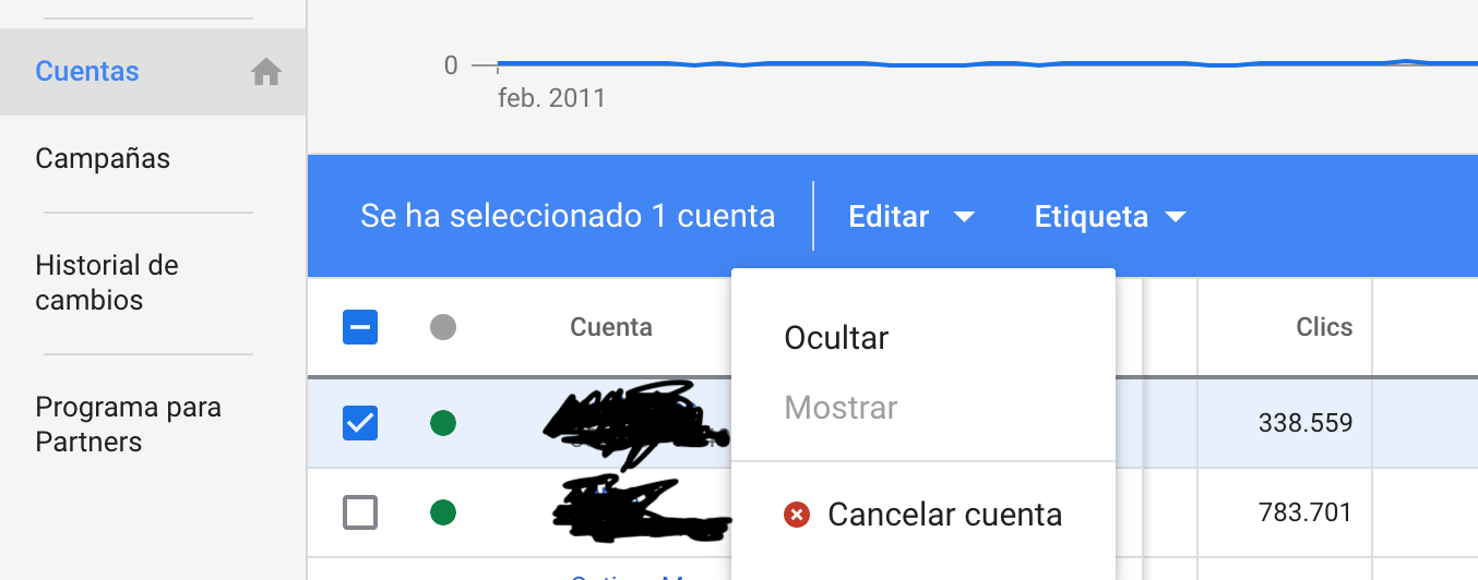 ¿Cómo eliminar una cuenta de Ads que cree por errór dentro de mi mcc