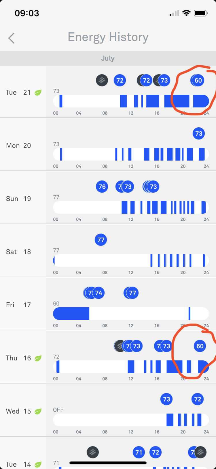 What does the yellow leaf on the bottom of learning thermostat mean