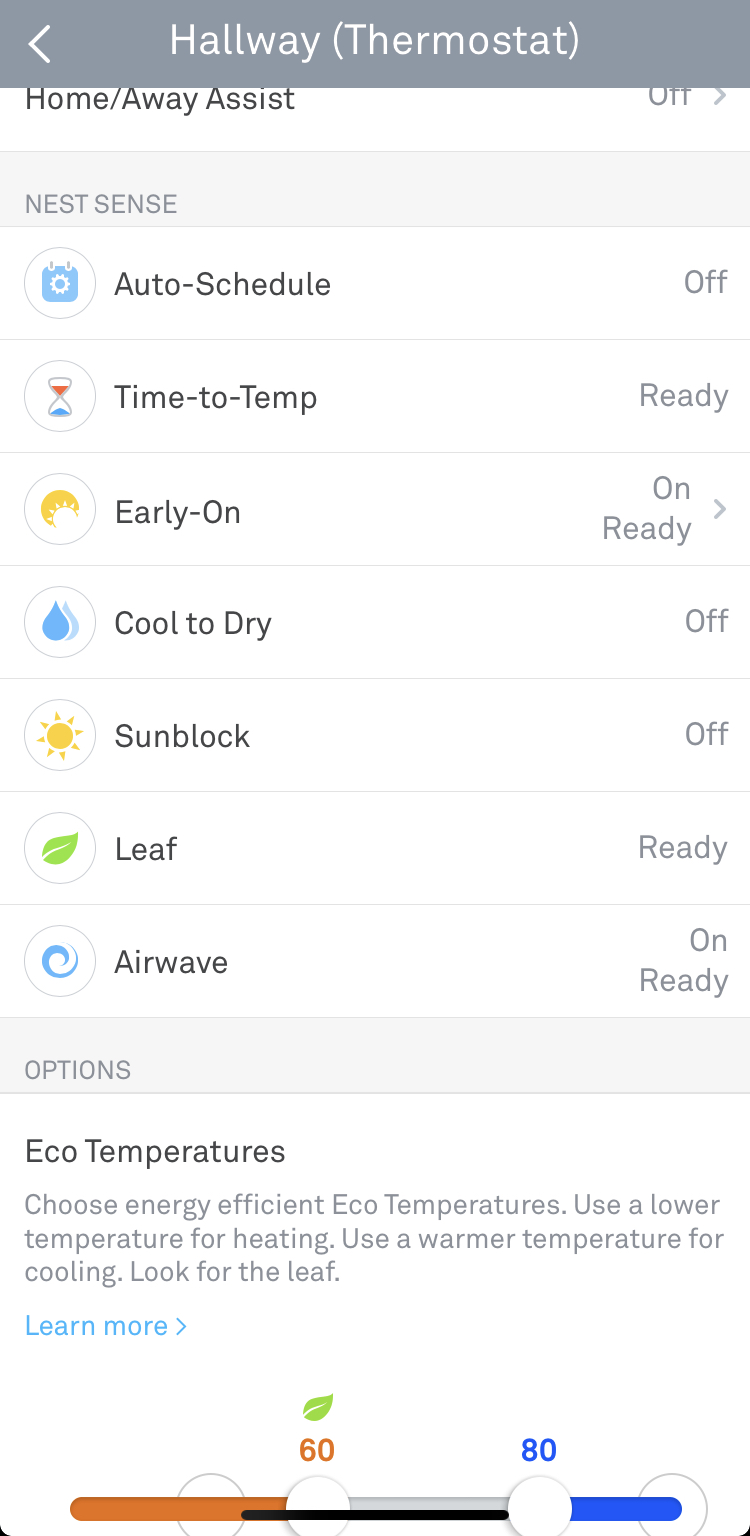What does the yellow leaf on the bottom of learning thermostat mean