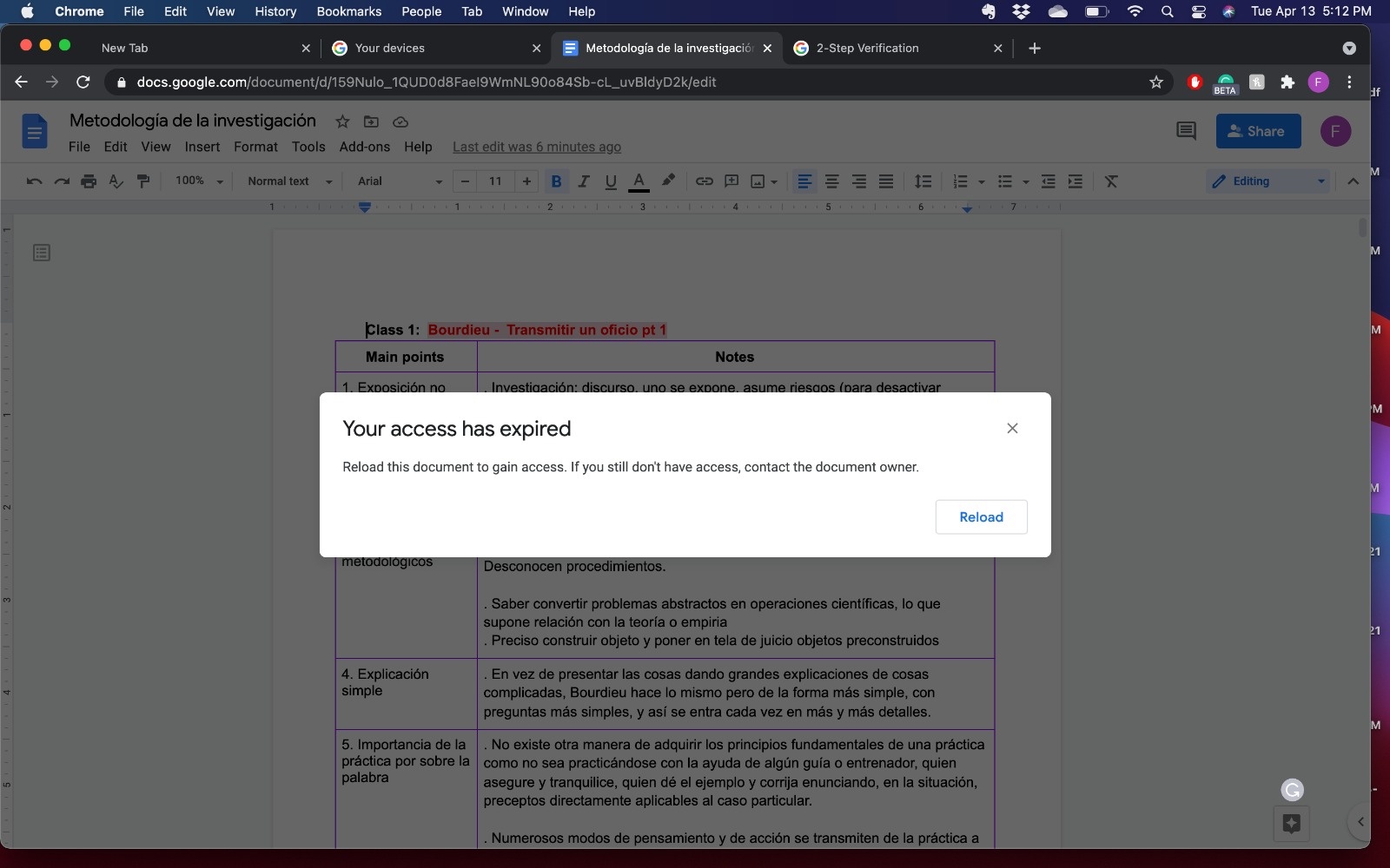 Google docs not working, says access has expired...on my own doc