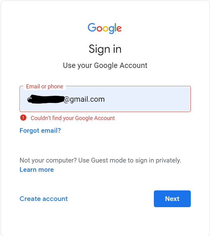 Google couldn't find my google account with account