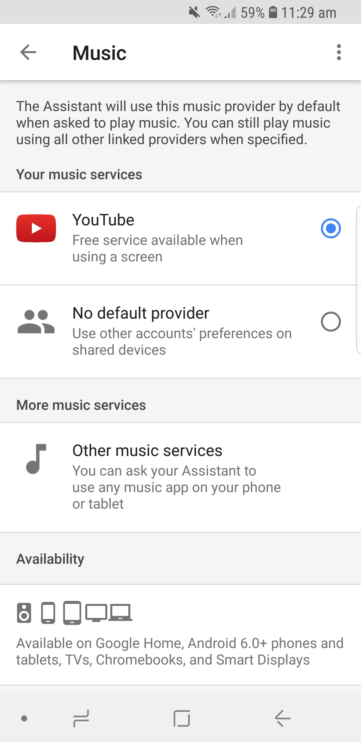 Hi. My google home mini is not showing google music app in settings