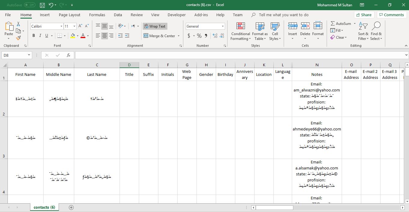 When I export my Arabic contacts form google account, the Arabic names