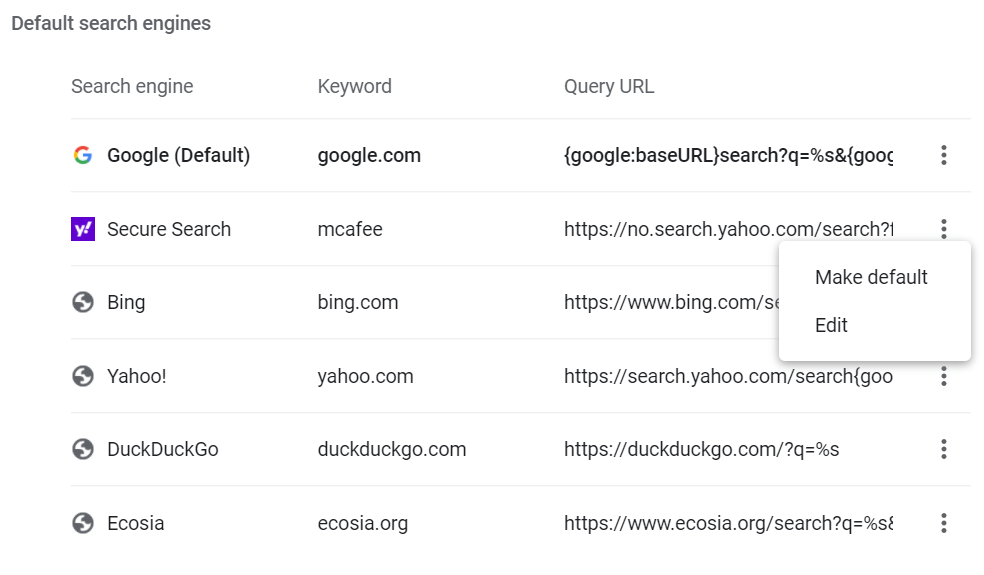 I can&rsquo;t delete any default search engines and it keeps changing to 