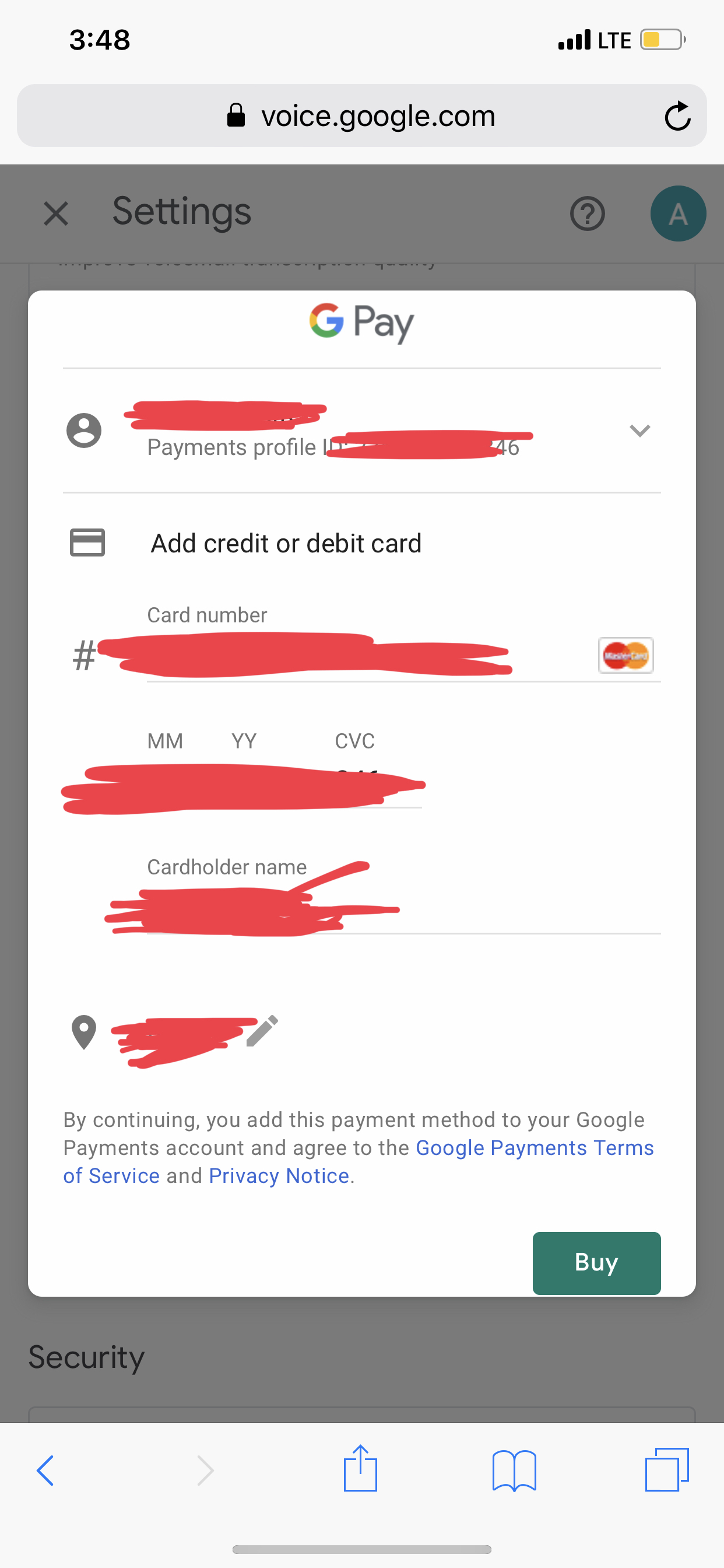 Payment for Google Voice credit is not working(ORCCSEH05, ORHDT01