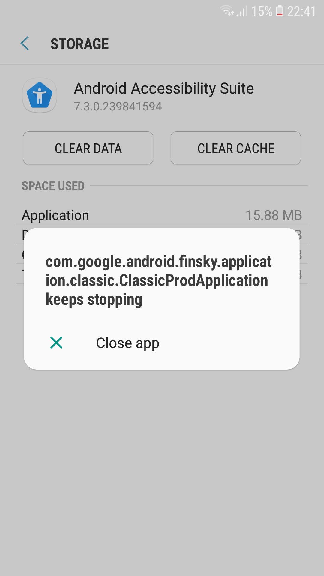 Pop up error of com.google.android.finsky.application