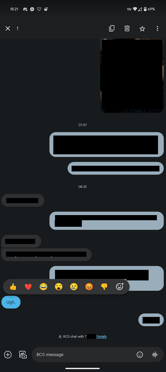 Reply option missing from RCS chats in Messages app. - Google 