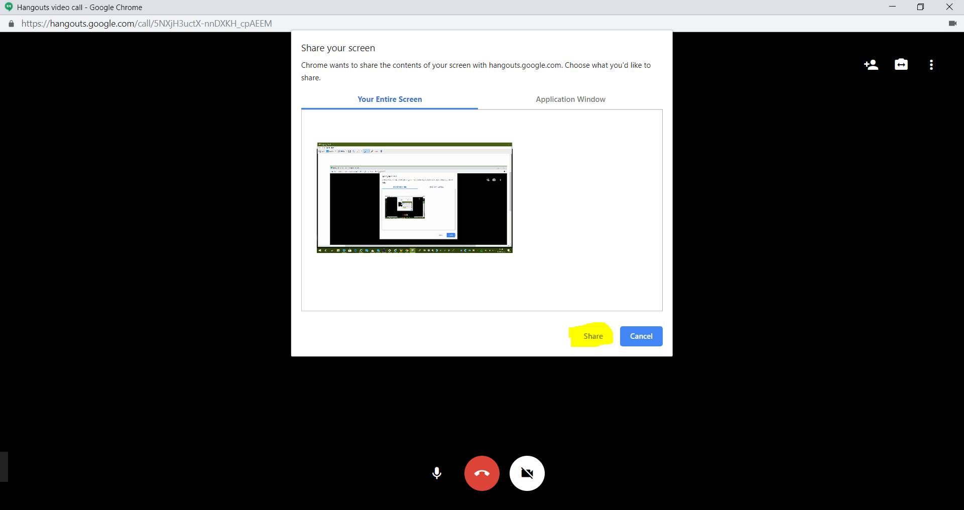 I have tried to share my screen on a Hangout video call