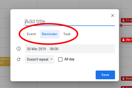 What is the difference between Events, Reminders and Tasks? Google