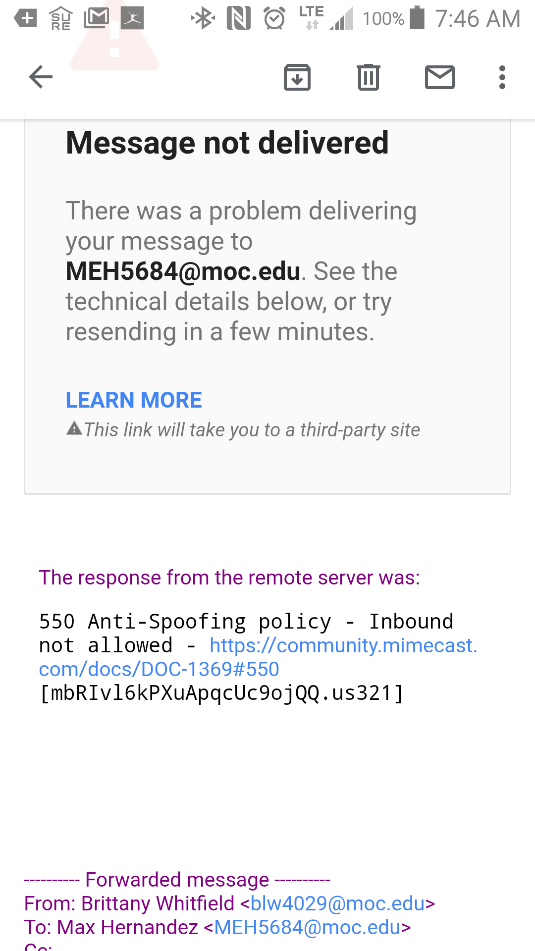 Can't send or receive emails from my school email address because it