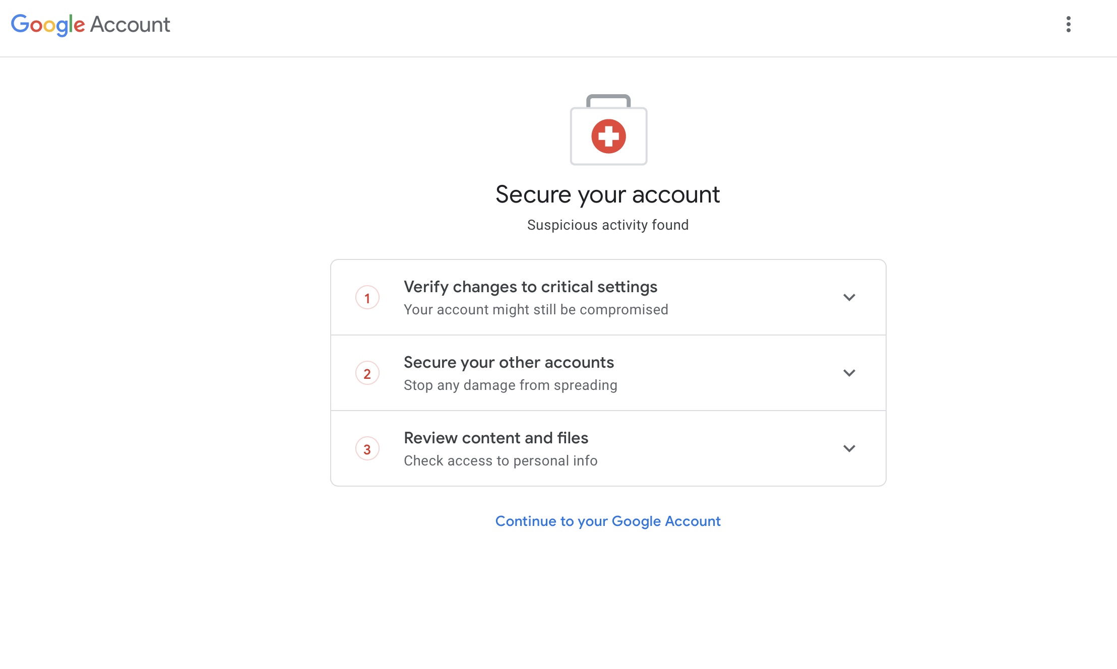 Unable to clear "continue securing your account continue security(06)