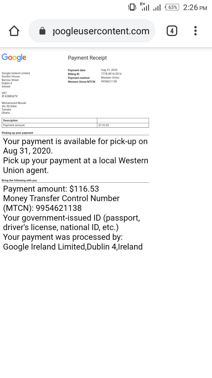 Western Union Payment Slip