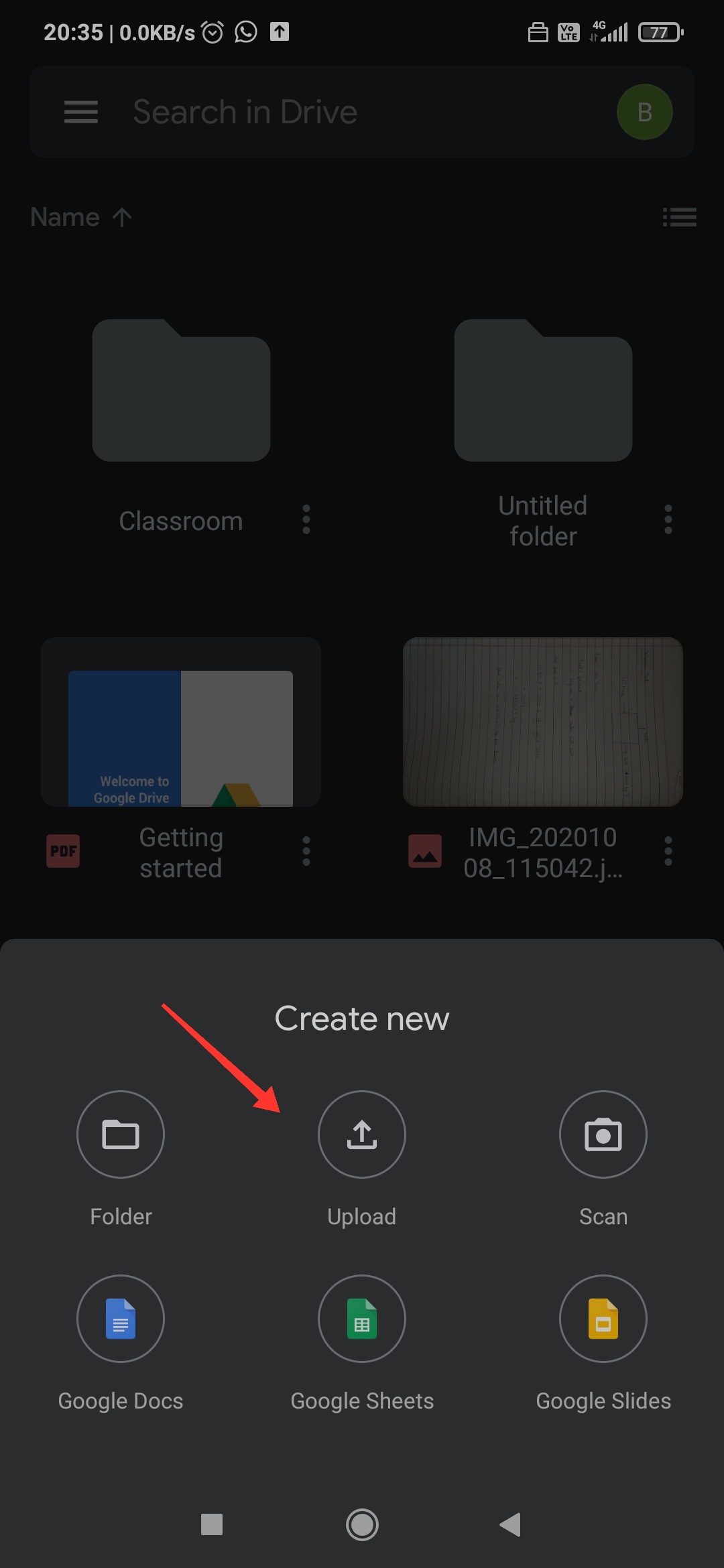 How do I upload files from phone storage to the work profile Google