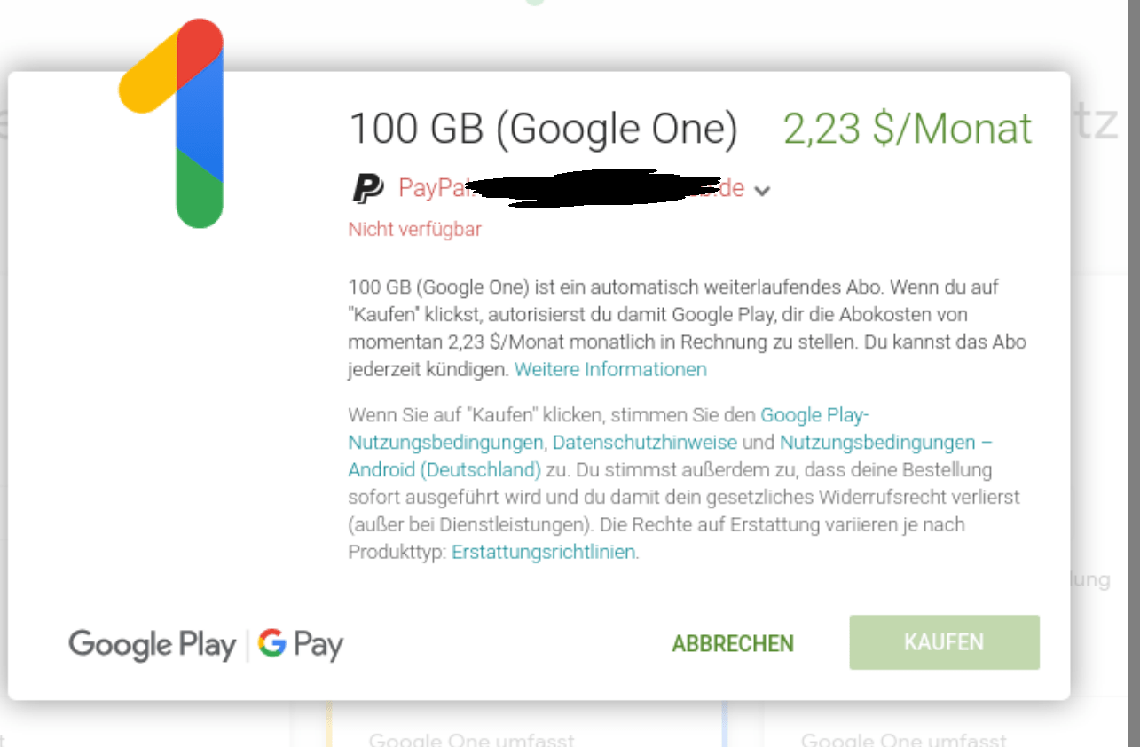 Warum kann ich nicht mit existierendem PaypalKonto meinen Google One