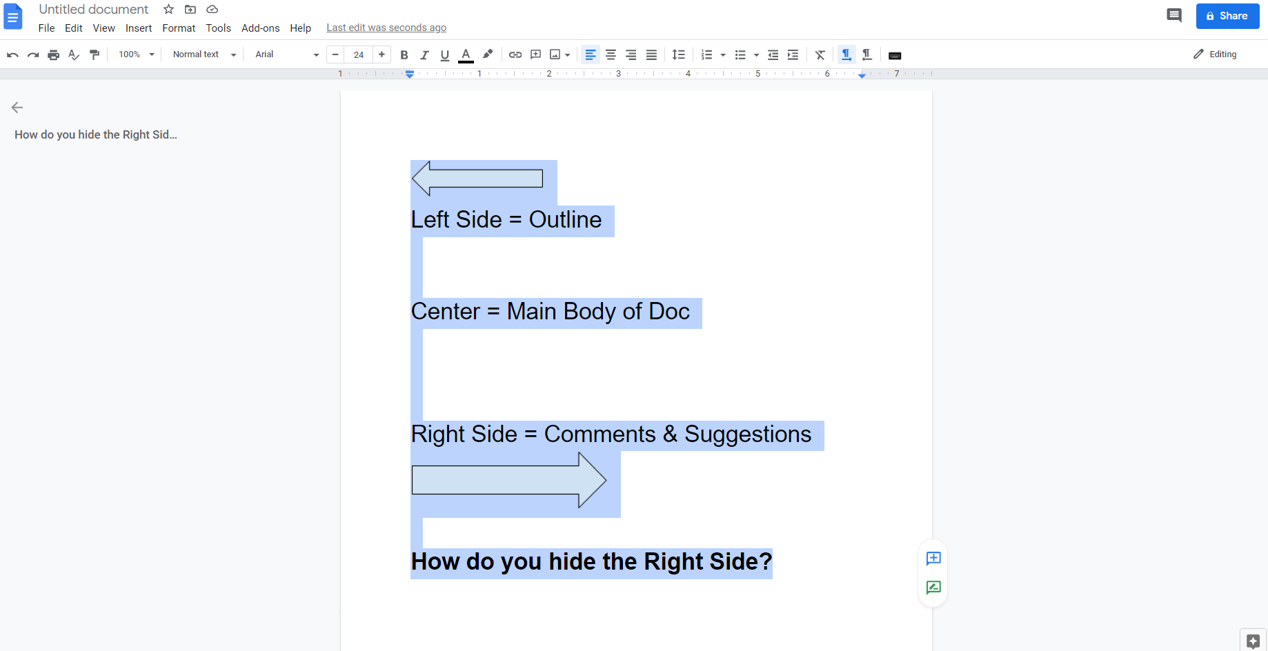 Docs How do I Hide the Right Side Comments/Suggestions Panel