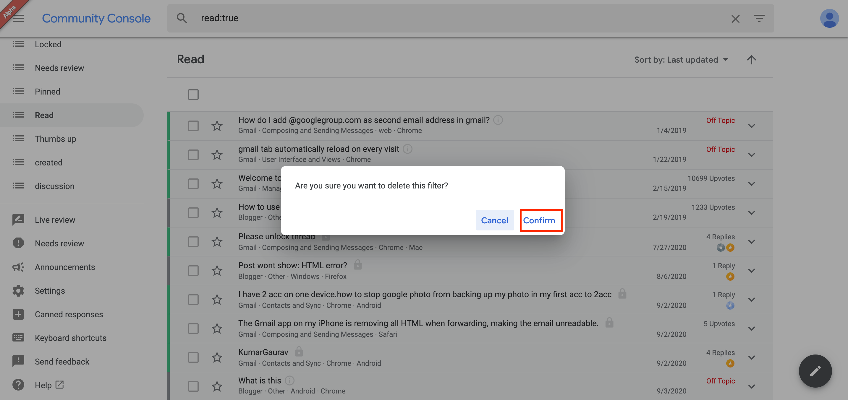 Delete filters Google Communities Help