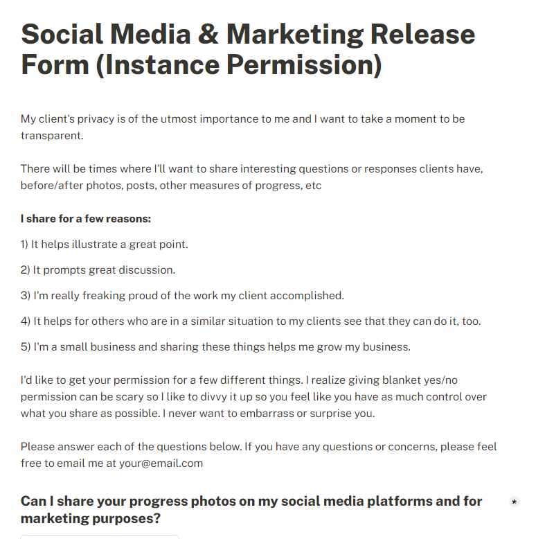 Social Media & Marketing Release (Instance Permission) Tally form