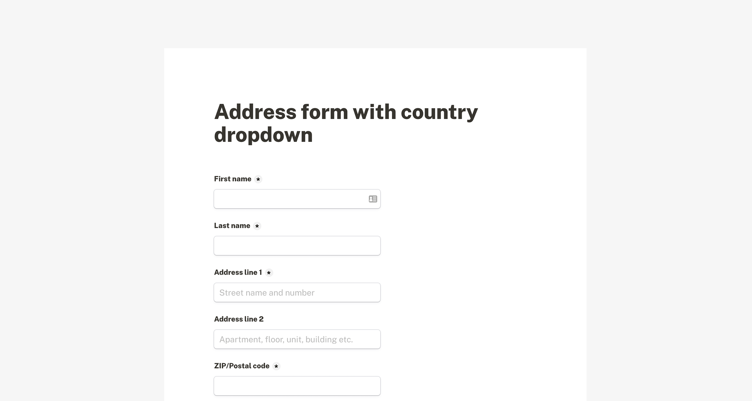 Address form with 196 countries in dropdown Tally form template