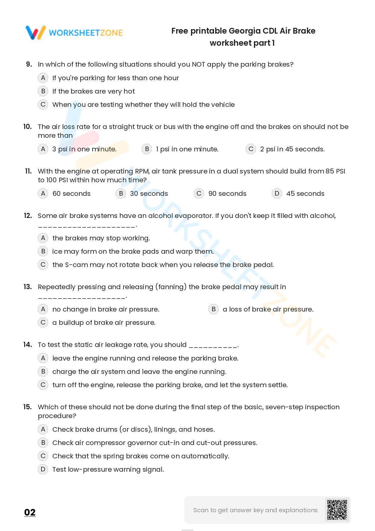 Free printable CDL Air Brake practice test Worksheet Zone