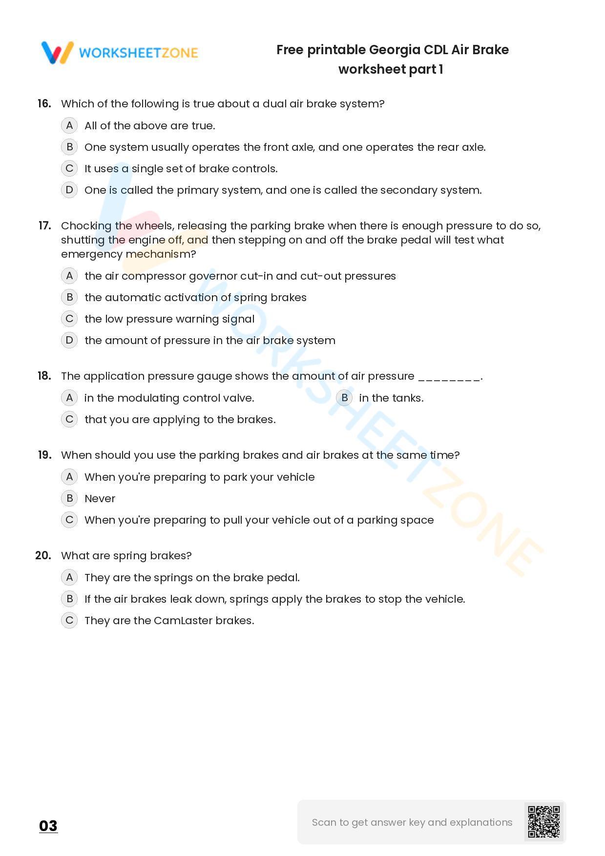 Free printable CDL Air Brake practice test Worksheet Zone