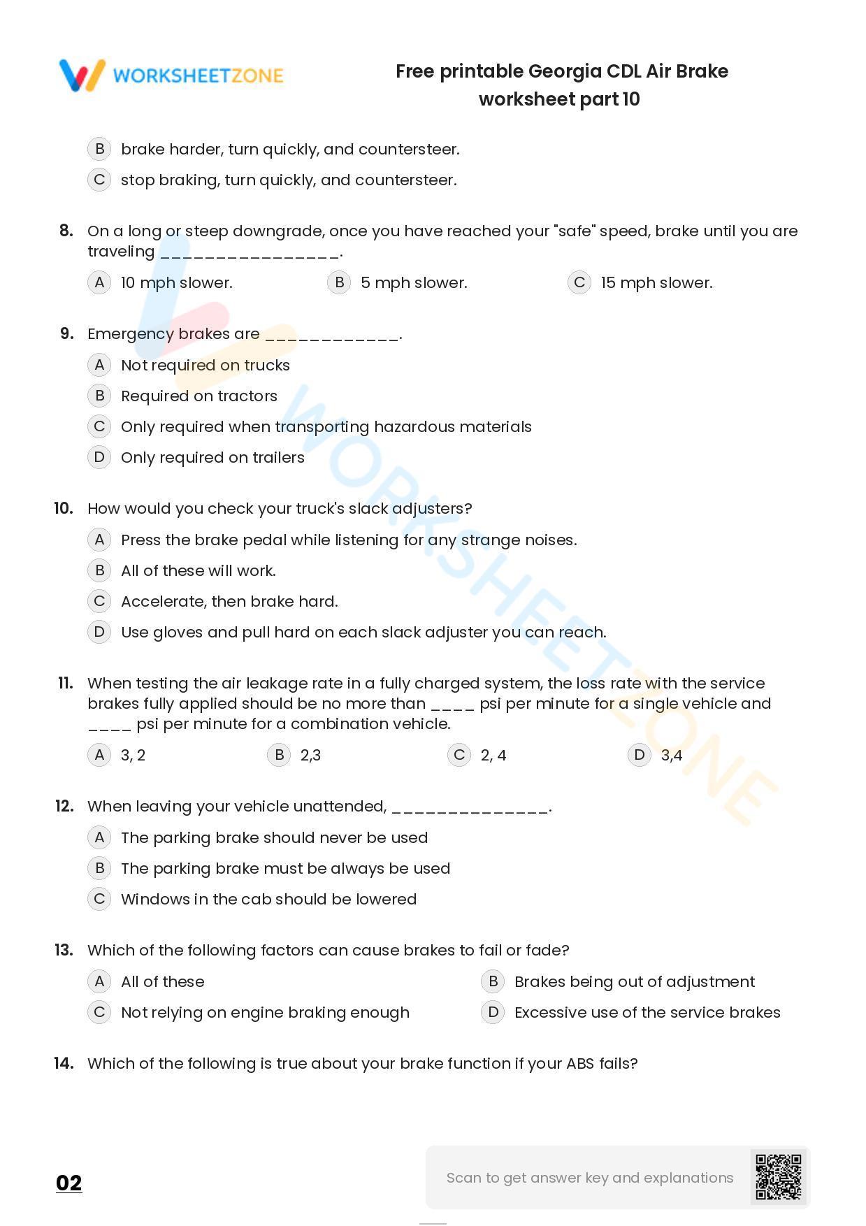 Free printable CDL Air Brake practice test Worksheet Zone