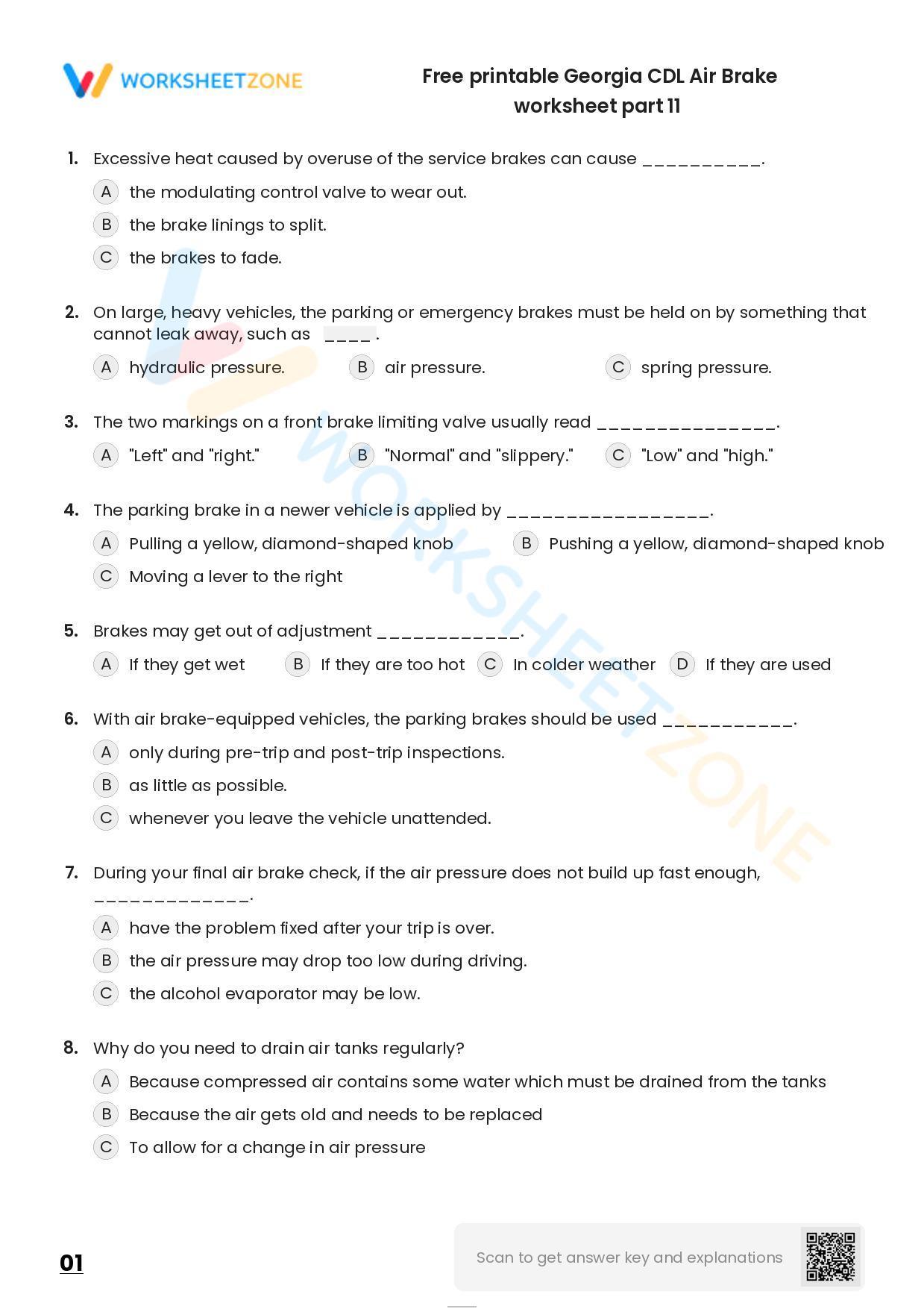 Free printable CDL Air Brake practice test Worksheet Zone