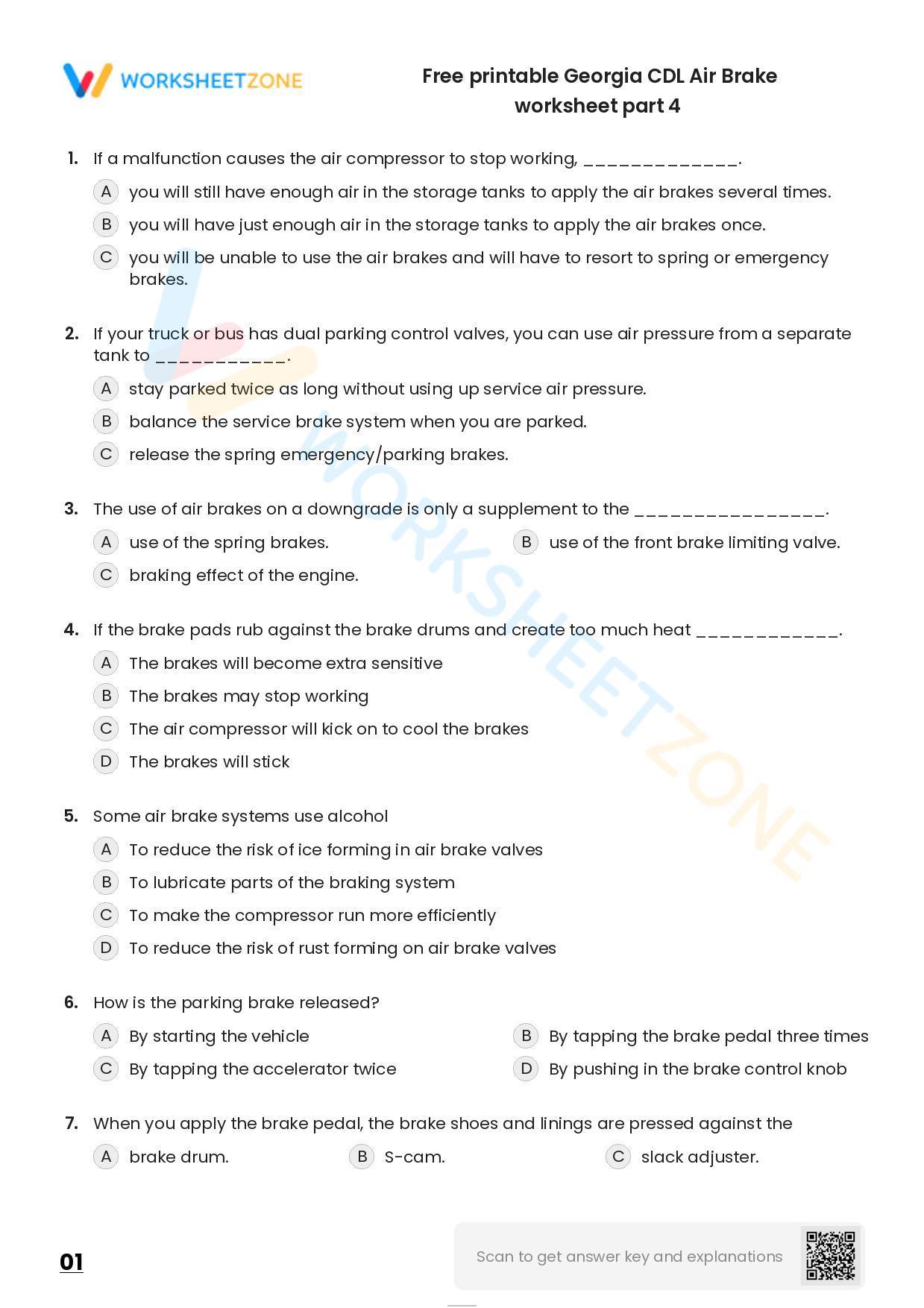 Free printable CDL Air Brake practice test Worksheet Zone