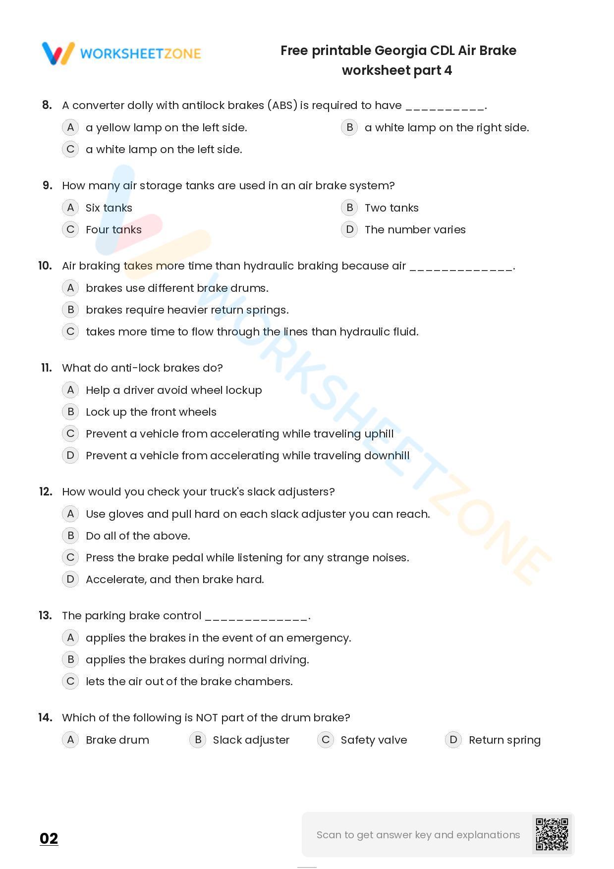 Free printable CDL Air Brake practice test Worksheet Zone