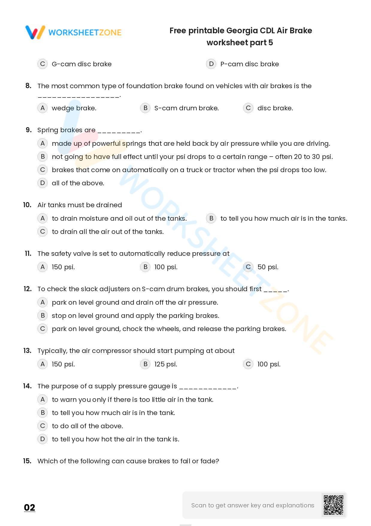 Free printable CDL Air Brake practice test Worksheet Zone