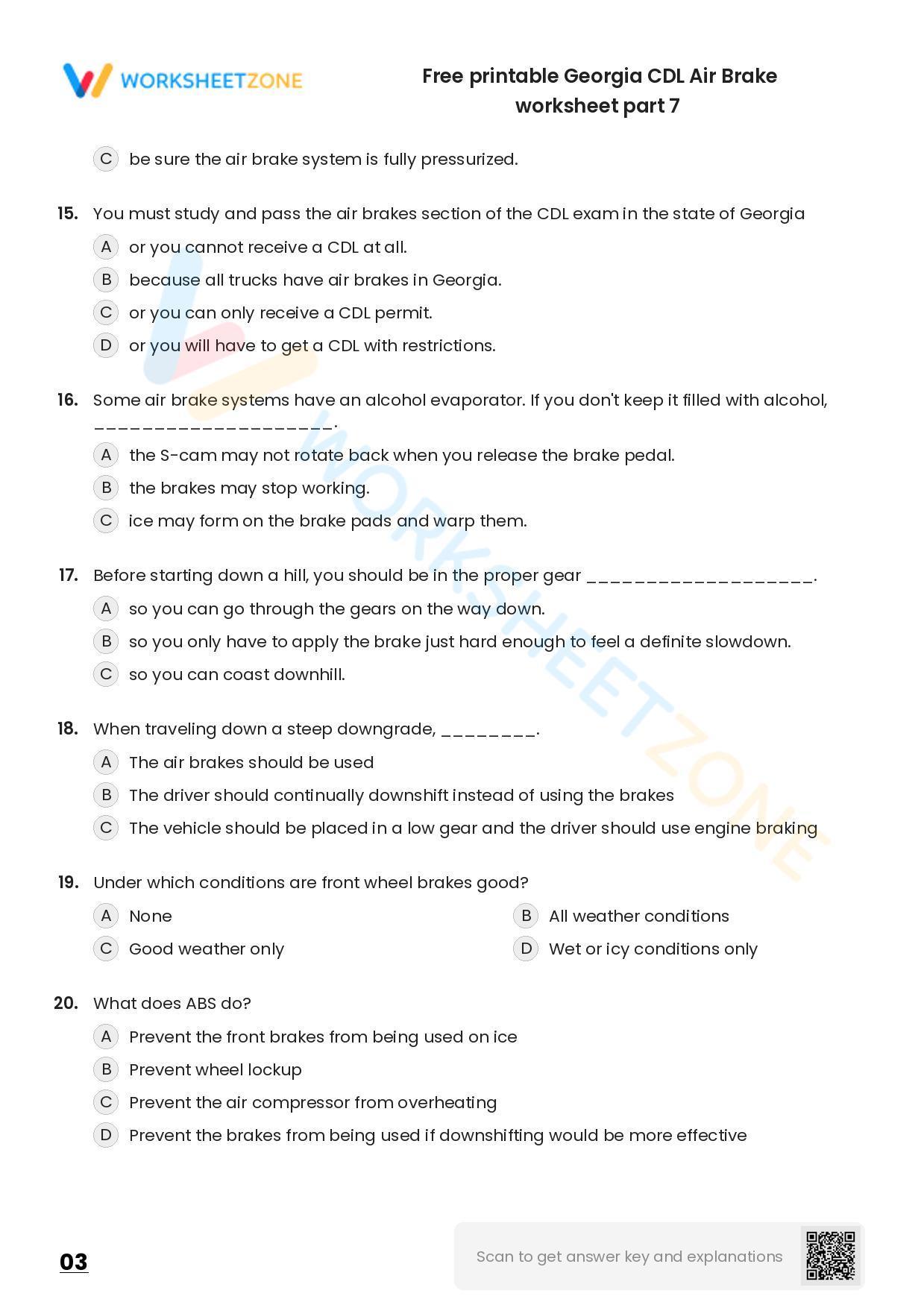 Free printable CDL Air Brake practice test Worksheet Zone