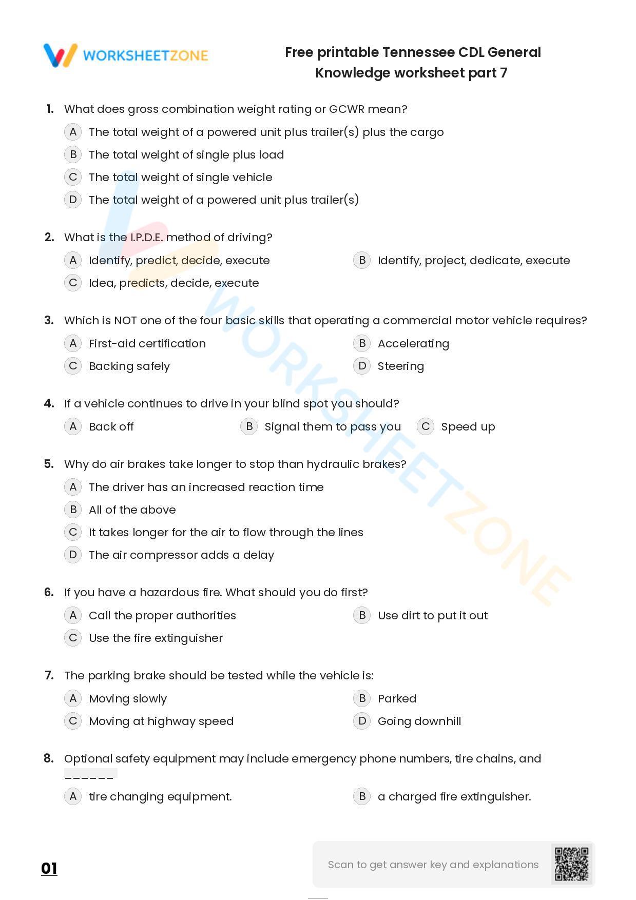 Free Printable Tennessee CDL General Knowledge Worksheet Part 7