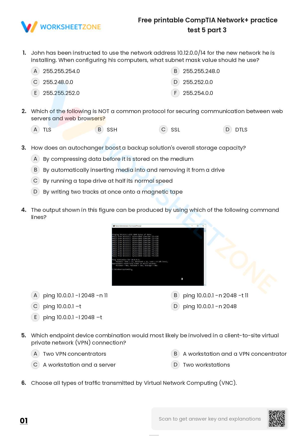 Free Printable CompTIA Network+ Practice Test 5 Part 3 Worksheet