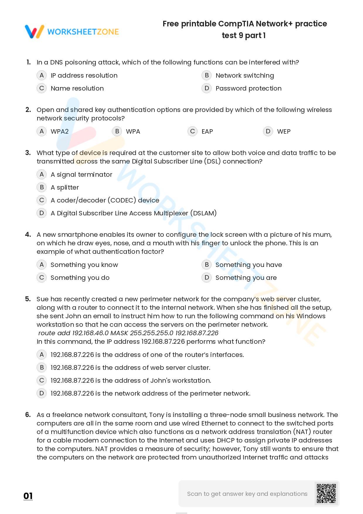 Free printable CompTIA Network+ practice test Patricia Heaney Worksheet Zone