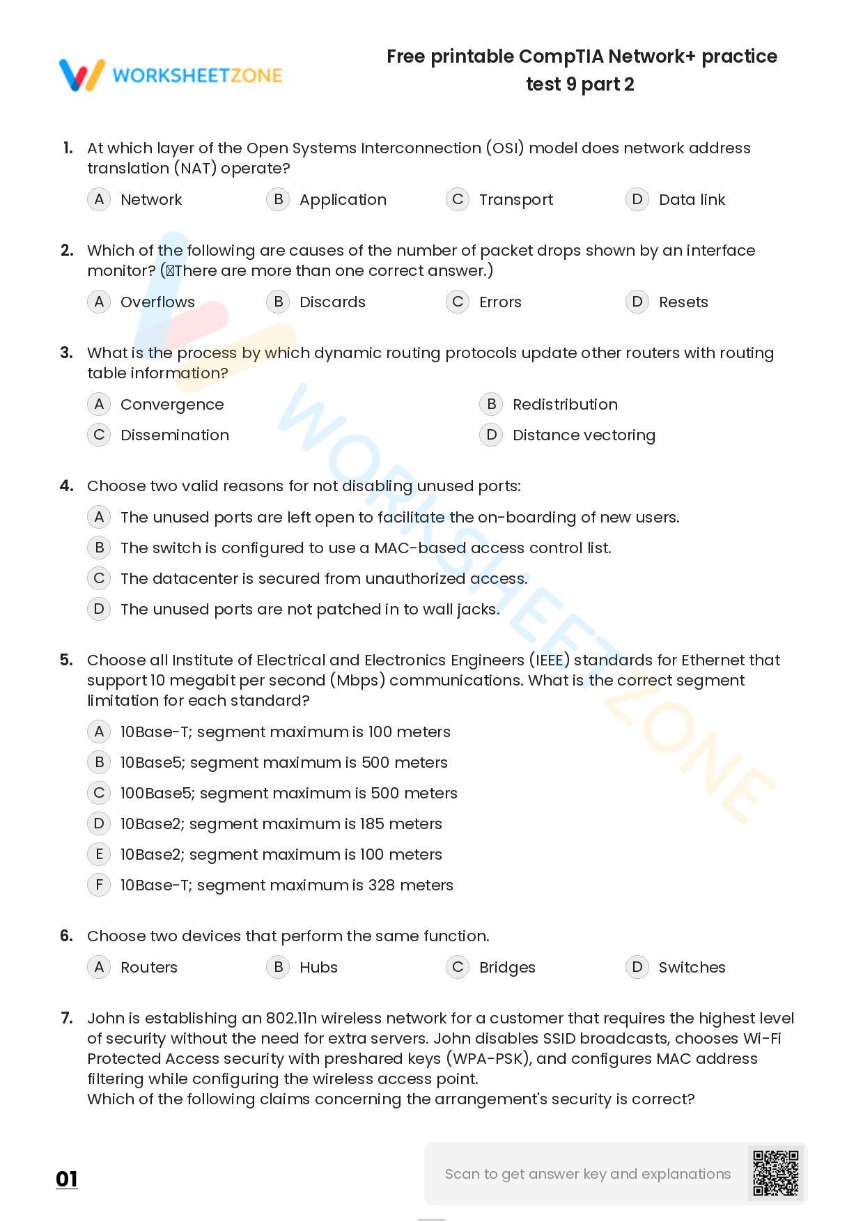 Free printable CompTIA Network+ practice test 9 part 2 Worksheetzone