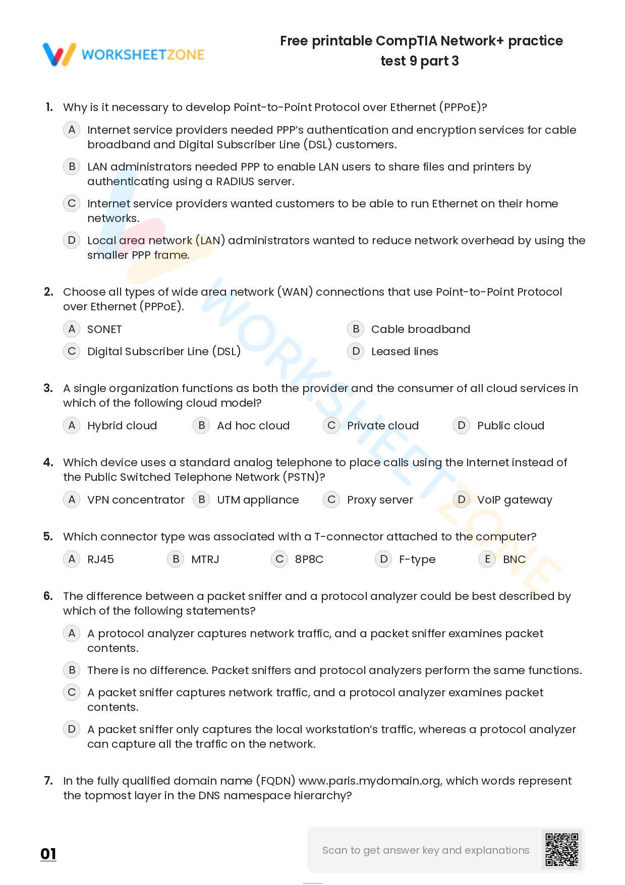 Free Printable CompTIA Network+ Practice Test 9 Part 3 Worksheet