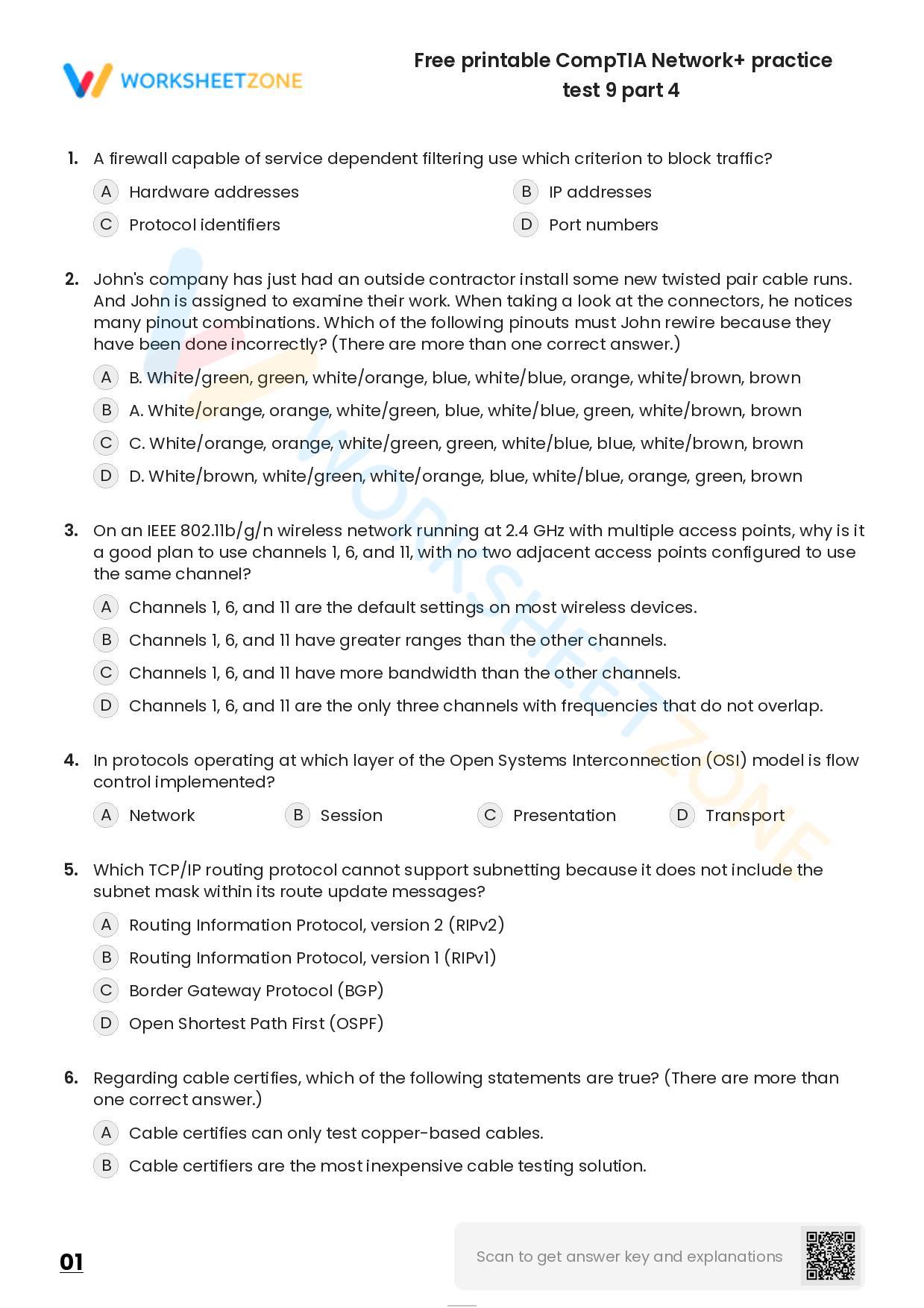 Free Printable CompTIA Network+ Practice Test 9 Part 4 Worksheet