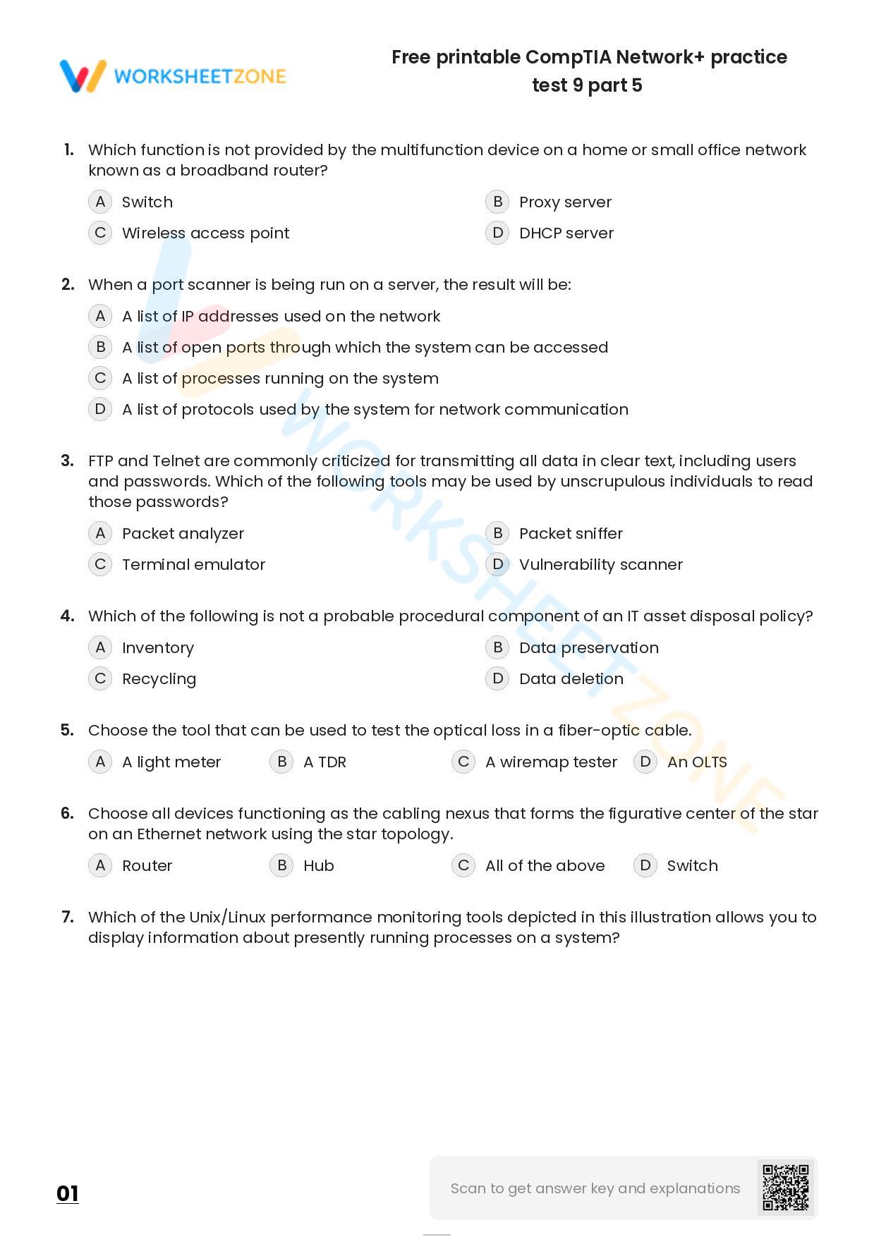 Free Printable CompTIA Network+ Practice Test 9 Part 5 Worksheet