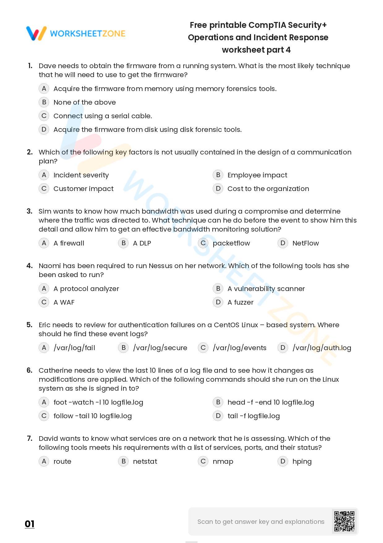 Free Printable CompTIA Security+ Operations And Incident Response Worksheet Part 4